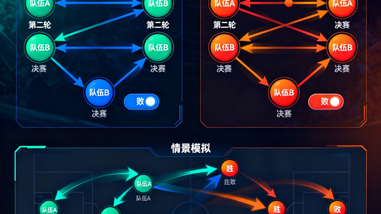 动态双败淘汰赛对阵图，区分胜者组和败者组，支持交互和情景模拟
